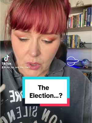 A woman with red hair and makeup is centered in the frame, looking down and to the right. The background includes a bookshelf and a TikTok logo. A text overlay in a color block reads "The Election...?"