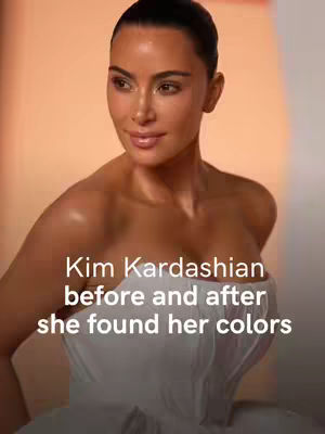 A portrait of Kim Kardashian in a close-up shot, with a soft, warm-toned background. She looks away from the camera with a slight smile. The image features a text overlay at the bottom suggesting a 'before and after' transformation related to color analysis. She wears a white strapless dress, and her hair is pulled back.