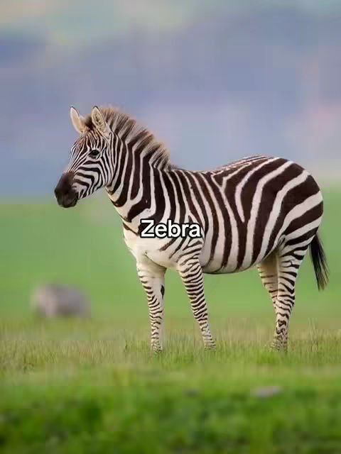 A photograph of a zebra standing in a field of green grass. The sky is light blue, and the zebra has black and white stripes. In the foreground is bright green grass and a blurry image of other animals or rocks, out of focus in the background.