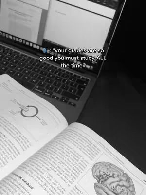 A black and white photo taken from above of an open book, a laptop, and a desk. The open book is in the foreground with a page showing anatomical illustrations, and the laptop is behind it, displaying text on the screen. The background is dark, and a text overlay with a quote appears above the laptop screen, suggesting the video is about studying.