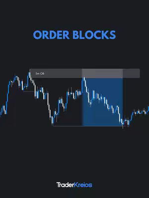 The image shows a dark blue background with a white and blue graph representing a stock chart, overlaid with rectangles highlighting order blocks and text. The top text says ORDER BLOCKS in blue, and the signature TraderKreios with white on the bottom
