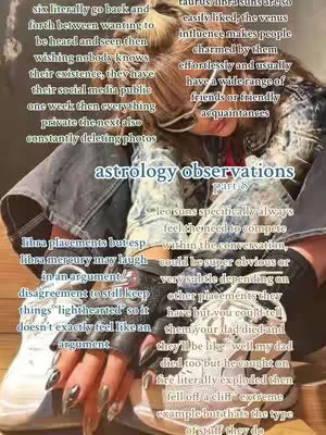 A person with long hair is sitting down, leaning and resting their head on their crossed arms. They are wearing a patterned jacket, and a variety of text is overlaid on top of them.