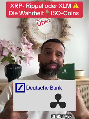 A man with a beard holds up a sign featuring the Deutsche Bank logo and a Ripple symbol. Above him is a text overlay, with a floral arrangement and a decorative wall hanging visible in the background, and the primary colors are white, red, and green.