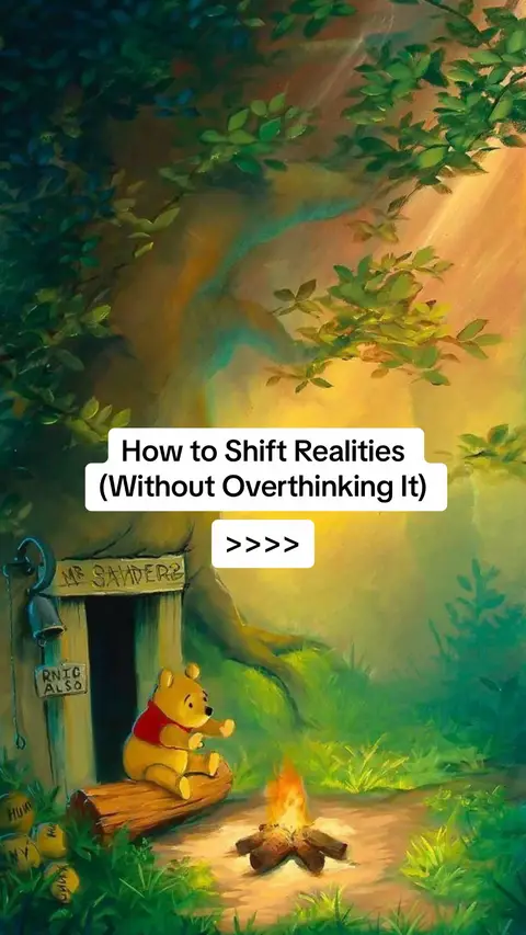 The cover image features a picturesque scene reminiscent of a classic children's book illustration. The focal point is Winnie the Pooh, seated on a log in front of a small wooden sign that reads “Mr. Sanderz”. A small fire is burning to his right. The background suggests a forest setting, with green foliage and a bright source of light that is partially obscured by the trees.