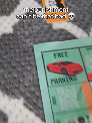 The cover image shows a blurred, close-up view of a Monopoly game board. Part of a green title card with the words "FREE PARKING" and an image of red car is visible. A fuzzy, patterned grey background provides the setting with a sign in the background that says "the punishment can't be that bad" with a skull emoji.