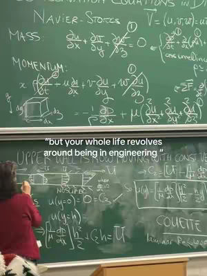 A woman in a red top is writing on a green chalkboard filled with math equations. The chalkboard is divided into three sections. Above, equations about fluid dynamics are written in white chalk. In the middle section, more detailed diagrams and formulas. Below the board is another section on the same topic. A text overlay in white at the bottom of the middle section reads, "but your whole life revolves around being in engineering."