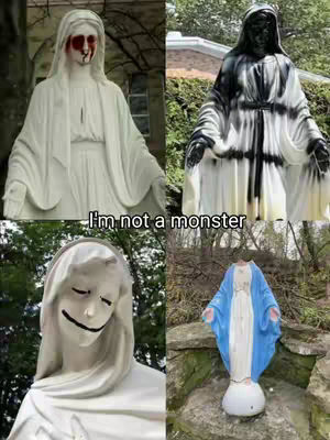 A collage of four images featuring statues of the Virgin Mary. Each image shows a different variation of the statue. The upper left image has red paint smeared around the eye and the statue is white. The upper right is a black and white marble statue. The lower left has a smiley face drawn on it, with closed eyes. The last pictures shows the headless statue in a blue and white dress, located outdoors, on a stone structure.