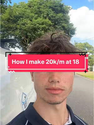 A selfie-style shot featuring a young man with brown hair, partially covering his face with a hook overlay. He's standing outside, in front of a tree. The hook is a pink rectangle with white text displaying the video's main topic.