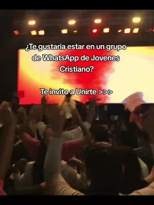 The cover image shows a crowd of people with their hands raised, seemingly in a large room or auditorium. Above them, a screen displays text asking if the viewer wants to join a WhatsApp group for Christian youth and inviting them to join. The background features a red and orange gradient.