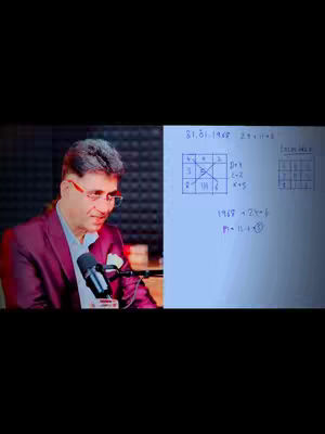A man in a maroon blazer with glasses is seated in front of a microphone, on the left side. To the right of the image, a white board with calculations is visible. The background is a dark red.