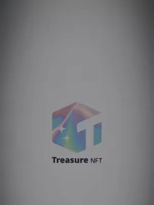 The image is a gradient gray background with a stylized, jewel-toned cube with the letter 'T' overlaid and the words 'Treasure NFT' below.
