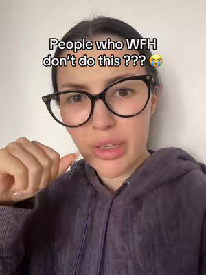 A woman is in a close-up shot, wearing black-framed glasses and a purple hoodie. The background is a solid pale color. The top part of the image has text overlaid.