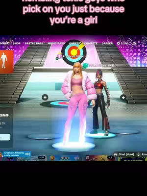 The cover image displays two female characters from the game Fortnite posing in a virtual environment, with a pink-clad character at the front and a more darkly dressed character behind. Text overlayed at the top reads "Humiliating toxic guys who pick on you just because you're a girl."