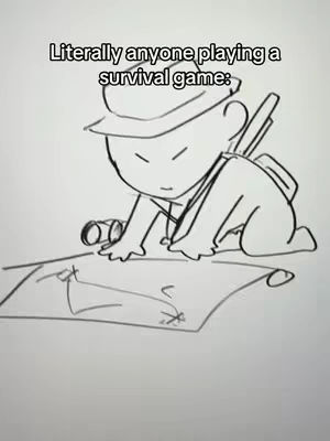 A black and white sketch illustrating a character in a survival scenario. The character, a simplified humanoid figure wearing a hat and carrying a backpack and binoculars, kneels over a detailed map drawn on a piece of paper. The background is plain, emphasizing the drawing.