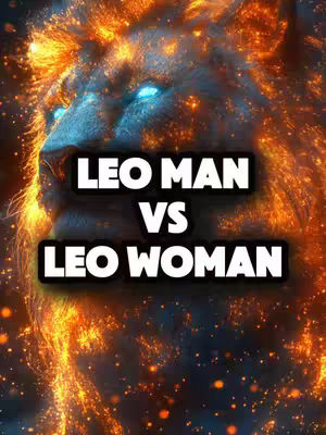The cover image features a lion's head in a highly stylized, digital art format. The lion's face is depicted in shades of blue and gray, with bright blue eyes adding a focal point. The background and mane are rendered in fiery shades of orange and yellow, giving off a glowing, ethereal effect. The text overlayed atop is composed of bold, white sans-serif letters on a black background, splitting the text into two lines: 'LEO MAN' and 'VS' followed by 'LEO WOMAN' below. The overall composition balances strong imagery with clear textual information.