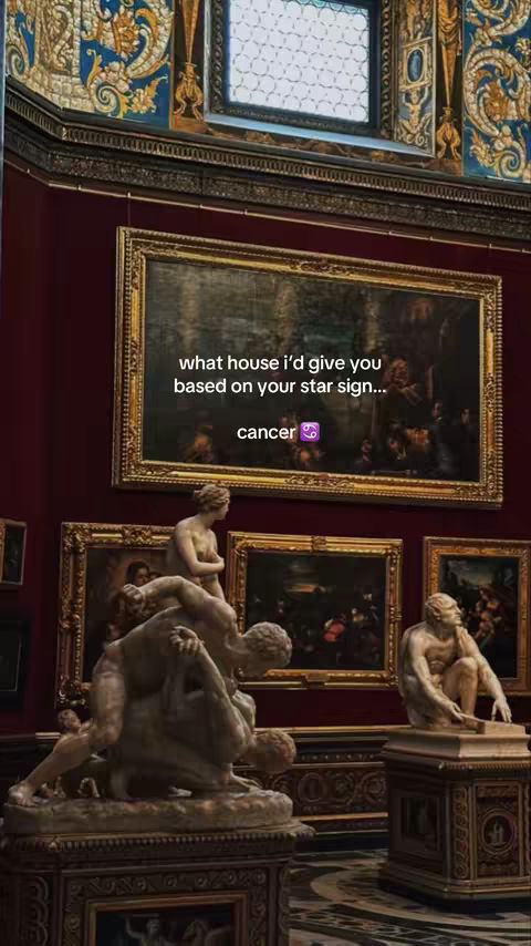 The image features a room with historical art and sculptures. The main focus is a large painting in a golden frame with a text overlay, along with multiple sculptures in the foreground. The room's colors are dominated by dark reds, golds, and dark tones, suggesting an ornate and classical setting.