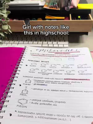 A notebook open on a desk, filled with handwritten notes and diagrams. Text is overlaid on the image. The color palette is dominated by whites, pinks and contrasting black ink, creating a clean study aesthetic.