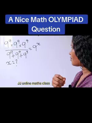 The image features a woman in a purple sweater, partially visible in the right half of the frame, looking towards a whiteboard with handwritten math equations. Above, there's a blue rectangular text overlay with white text stating 'A Nice Math OLYMPIAD Question'. The equations include an exponential expression set equal to x, and a question mark near an X. The background is a white board. The composition is simple and focused, with the woman and the educational content taking center stage.