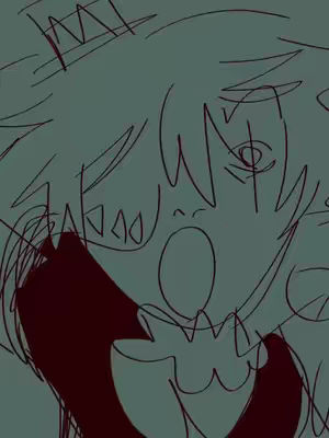 A sketched, close-up image of a character with large, expressive eyes and an open mouth, possibly yelling or surprised. The color scheme consists of muted green/gray and dark red accents in a rough, animated style.