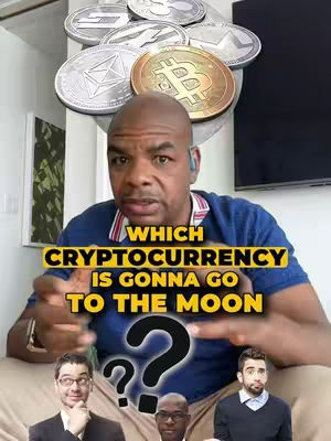 The cover image features a man centered in a close-up shot. Above the man are several cryptocurrency coins. The main text overlay reads, 'WHICH CRYPTOCURRENCY IS GONNA GO TO THE MOON'. Below the text are question mark symbols, and at the bottom of the image are three smaller portraits.