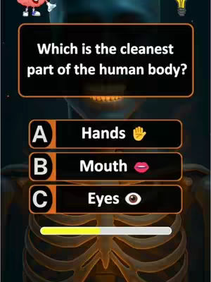 The image is a quiz question, designed with a skeleton as a background. The question is posed within a dark orange rectangular box and asks a trivia question about which part of the human body is the cleanest. Below the question are three answer choices labeled A, B, and C in black rectangular boxes. The background shows a blue face of a person. There is a progress bar at the bottom.