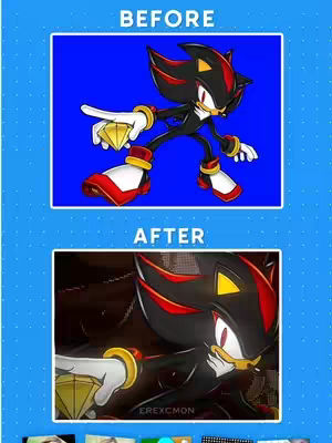The image is a split-screen comparison showcasing two versions of the character Shadow from Sonic the Hedgehog. The top section, labeled 'BEFORE,' displays a somewhat simplified, cartoon-like illustration of Shadow set against a blue background. The character is in a dynamic pose, holding a gem. The bottom section, labeled 'AFTER,' presents a more detailed, realistic, and digitally enhanced version of Shadow. The after image features a darker color palette and enhanced textures and details. The background is a dark, blurred environment.