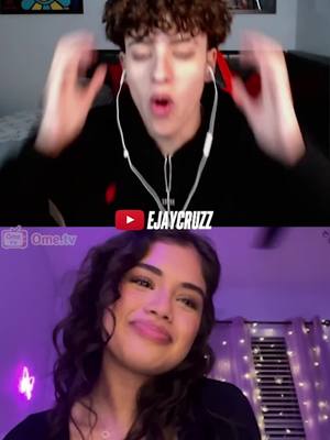 The cover image shows a split screen or side by side of two people on a video call. In the top part, a young man with curly brown hair is wearing a black hoodie and white earphones, with hands near his ears while making an open-mouthed expression. The title "EJAYCRUZZ" appears in text form with red square. In the bottom part, a young woman with long curly brown hair, is smiling and looking to the left, with a background of purple lighted room.
