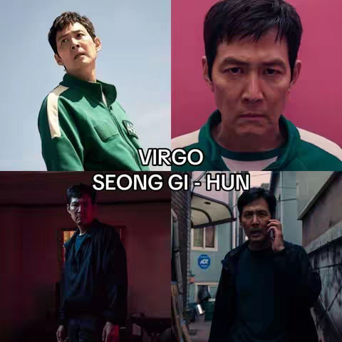 The image is divided into four quadrants, each featuring a different image of a man, likely from a TV show or movie. The top left shows the man looking upwards, dressed in a green jacket. THe top right shows a close-up of the man's face against a pink background. Below, the lower-left quadrant shows the man in a dark interior and black outfit. The lower right has the man talking on the phone on a street. Overlaying the image are two lines of white text, 'VIRGO' and 'SEONG GI-HUN'.