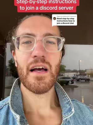 A man with glasses and a reddish beard is centered in the frame with text overlays. Red banner text at the top says Step-by-step instructions to join a discord server. A smaller text box with a speech bubble says, "Need step-by-step instructions how to join a discord chat."