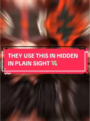 The image features a blurred abstract background with a red rectangular banner overlaid in the center. The banner contains the text 'THEY USE THIS IN HIDDEN IN PLAIN SIGHT' in white, sans-serif font. The background has a dark, blurred texture, suggesting possibly hair or a patterned fabric. Small white floral elements are on the right side of the red banner.