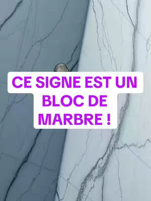 The cover image showcases white marble background with grey veining, the texture of the marble dominates. A large white rectangular banner overlies the marble on the image, the text is purple, which reads, 'CE SIGNE EST UN BLOC DE MARBRE!'
