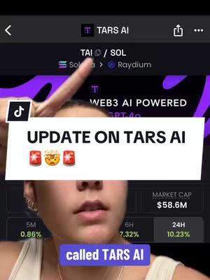 A woman is presenting content, with a screen behind her showing cryptocurrency information. A hook overlay highlights the central topic, and the background is a web app interface. The shot is framed in the style of a social media video.