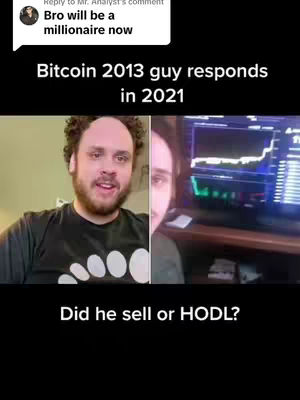 The image is split into two vertical sections. On the left, a man with curly hair and a beard is centered, looking towards the right. He wears a dark t-shirt with a graphic. On the right, a person is partially visible, looking at a computer screen displaying graphs and data. Above the man's head on the left, a comment bubble says "Bro will be a millionaire now." Below the split, the text reads "Did he sell or HODL?"