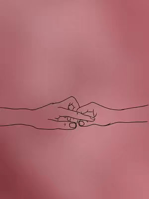 The image features a vertical composition with a soft, gradient background in hues of pink. Centered towards the bottom is a minimalist line drawing depicting two hands clasped together. The hands interlock, with fingers gently touching. The outline is in black, contrasting with the pink background. The overall aesthetic is simple and elegant, with the hands as the focal point.