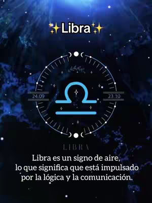 A visually appealing graphic with a dark blue, space-themed background speckled with white stars. The central focus is a stylized, light-blue graphic representing the Libra zodiac symbol. Above it, the word Libra is written in a sparkling font. Around the central symbol is a circular design with numbers, likely representing dates within the Libra zodiac period. The bottom of the image contains text in white, describing Libra's character traits.