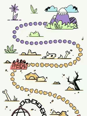 A stylized map depicting a journey, possibly the Exodus. A winding path of interconnected circles leads past various landmarks: a flower, two sprouts, mountains, a field of bones, rocks, and a barren tree. A group of figures is shown at the start of the path that symbolizes their journey.