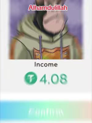 The image features a blurred anime-style character in a green hoodie set against a pastel-colored background. A text overlay at the top reads 'Alhamdulillah', and below is a blurred interface displaying the word 'Income' and a value of '4.08'. The overall composition has a soft, slightly out-of-focus quality.