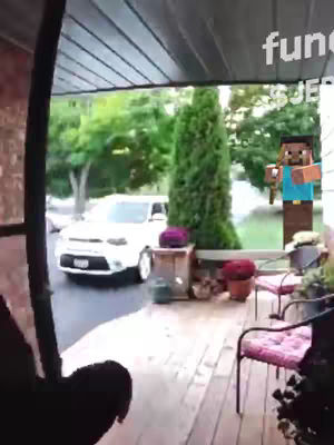 A porch scene is shown from a slightly low perspective. The porch has a wooden deck, a swing on the left, and wrought iron chairs with pink cushions. Outside the porch in the background, a well-kept lawn is visible, with a white SUV parked in the driveway. A Minecraft character stands on the right holding a blue item.
