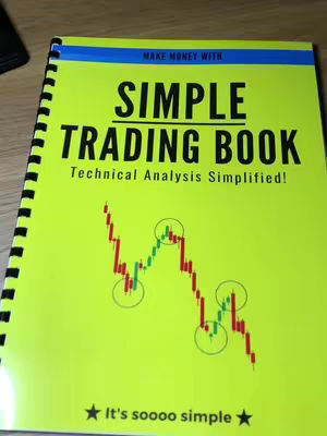 The cover image features a book titled "Simple Trading Book" on a yellow background. The book has a blue stripe on top. Below the title is the text "Technical Analysis Simplified!". A chart is also included on the book, showing potential trends in finance. The book is positioned on a wooden surface with a spiral binding on the left side. The overall composition is simple, with a focus on the book's title and financial theme.