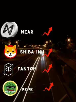 Image shows a night scene with city lights and a road. Overlayed on the image are logos and text for cryptocurrencies. Upward arrows represent the bullish market trend for each coin.