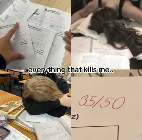 A four-panel image showing student distress. Top left: a hand holding test papers. Top right: a person's head resting on what seems to be school papers. Bottom left: a student with their face down on the desk. Bottom right: a test result of 35/50.