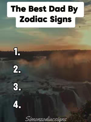 The cover image features a scenic background with a waterfall and a sunset sky. Overlaid on the image is white text that says, "The Best Dad By Zodiac Signs". Below this, a numbered list is partially visible. The overall layout uses a light and pastel color palette.