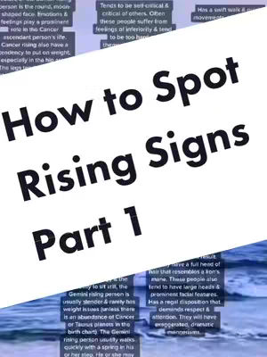 The cover image has a blurred background resembling water with text overlaid. The primary text, in large white font, reads 'How to Spot Rising Signs' followed by 'Part 1' in a smaller black font. Smaller text boxes with descriptions are scattered across, and the overall layout aims to guide viewers through the topic of astrology signs.