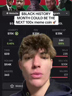 A selfie-style video with a young man in the foreground centered, with the focus on his face. Behind him is a screenshot that overlays cryptocurrency trading data and graphics, along with a banner referencing Black History Month and a meme coin.
