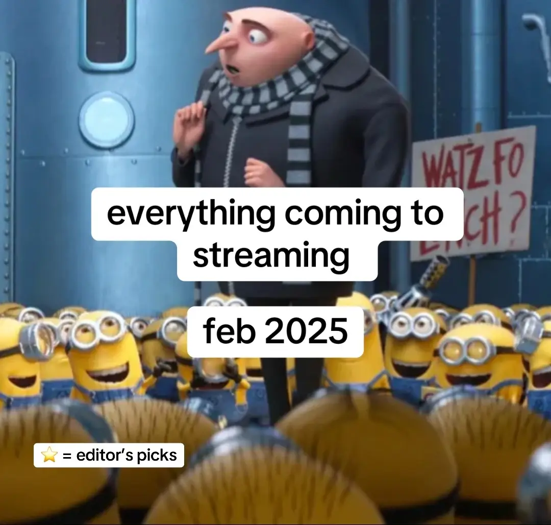 The image features a scene from the animated movie 'Despicable Me'. Gru is the central focus, standing in front of a metal wall, with an uncertain expression, and minions in the foreground. The overlaying text announces streaming dates for movies and TV shows.