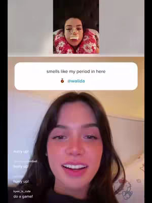 The cover image is a vertical video capture with a split-screen effect. The top portion shows a person with a bandage on their nose and a pillow behind their head. The bottom portion features a close-up of a woman looking at the camera. Overlaid on the image is a white speech bubble containing text and a username.