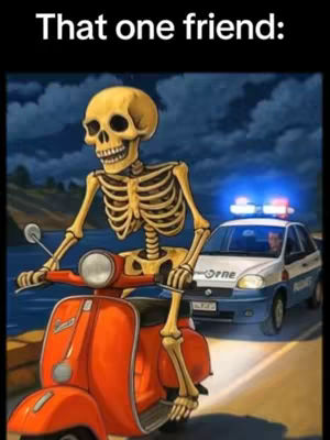 An illustration depicts a skeleton riding a bright orange scooter while being pursued by a police car. The skeleton, with detailed bone structure, has a slightly tilted stance as it steers the scooter, and the police car with flashing lights is close behind, suggesting a chase. The style is cartoonish, with a night sky backdrop and a road reflecting the vehicle lights, alluding to speed and urgency, and a playful or humorous context.
