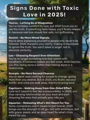 The image is a vertical graphic with a blurred background of a natural setting. Overlayed on top is a dark banner with white text. Beneath it, a list is displayed with each line beginning with a zodiac sign, followed by a brief description about toxic love.
