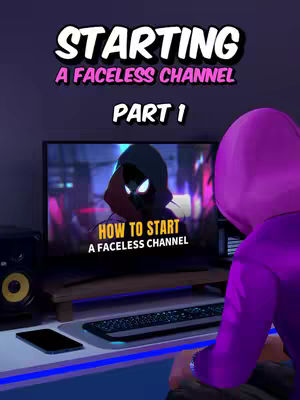 The cover image features a stylized desktop setup with a computer showing a video about starting a faceless channel. The person in the foreground is positioned with their back facing the viewer and is wearing a purple hoodie, suggesting a behind-the-scenes or personal approach to the content. The overall composition is dark with neon colors, highlighting the modern digital theme of the content.
