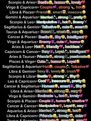 A list of zodiac sign couples and associated characteristics (Bestie, Couple, Friend, Married, etc.) is displayed on a black background.